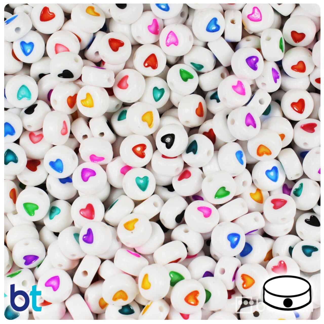 BeadTin White Opaque 7mm Coin Plastic Alpha Beads - Colored Hearts (250pcs)